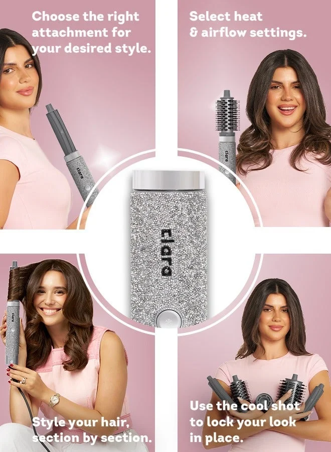 CLARA  Clara Multi Styler for All Hair Types 6-in-1 Styling Tool with Auto-Wrap Curlers, Blow Dryer, Round & Oval Brush ? 1500W Ionic Hair Styler for Frizz-Free Waves & Salon Blowouts (Diamond Silver) Diamond Silver for Women | Best Price UAE